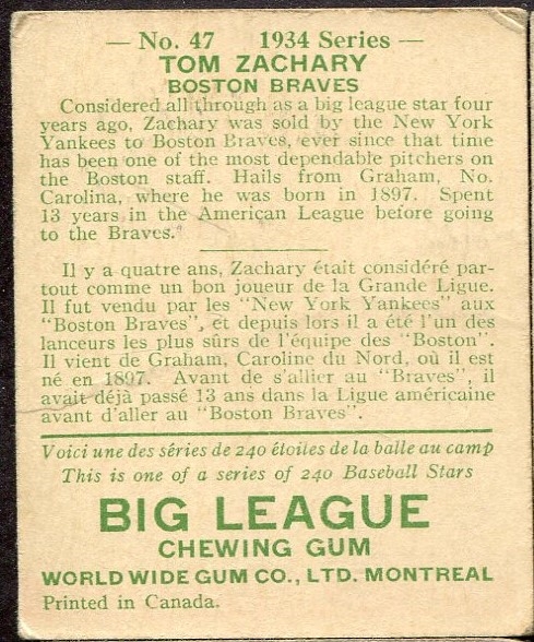 1934 WORLD WIDE GUM CO. #47 TOM ZACHARY