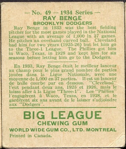 1934 WORLD WIDE GUM CO. #49 RAY BENGE