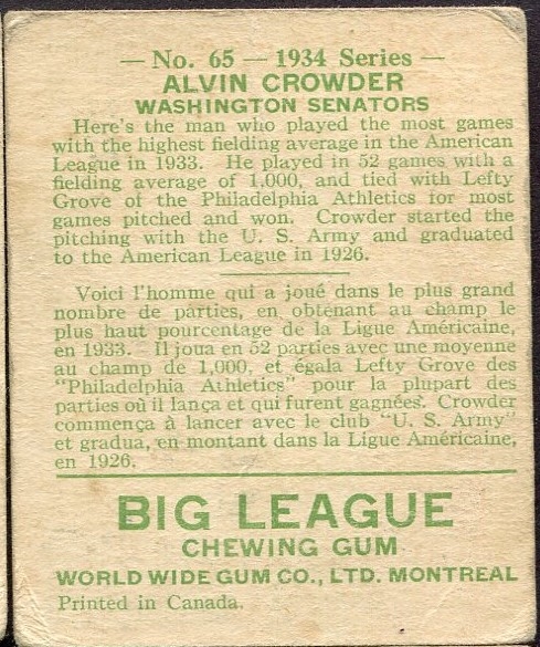 1934 WORLD WIDE GUM CO. #65 ALVIN CROWDER