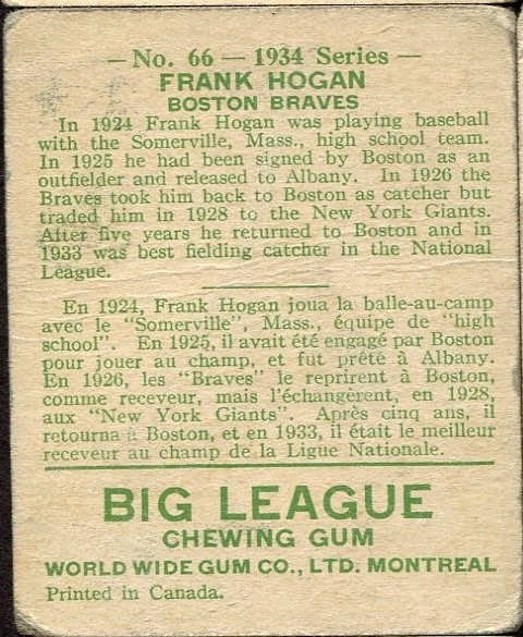 1934 WORLD WIDE GUM CO. #66 FRANK HOGAN