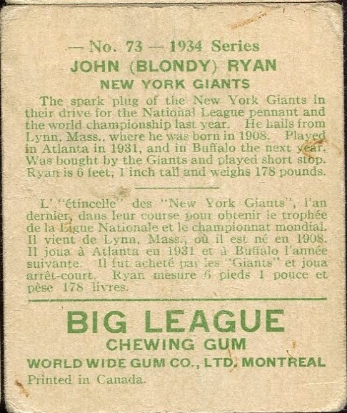1934 WORLD WIDE GUM CO. #73 JOHN BLONDY RYAN