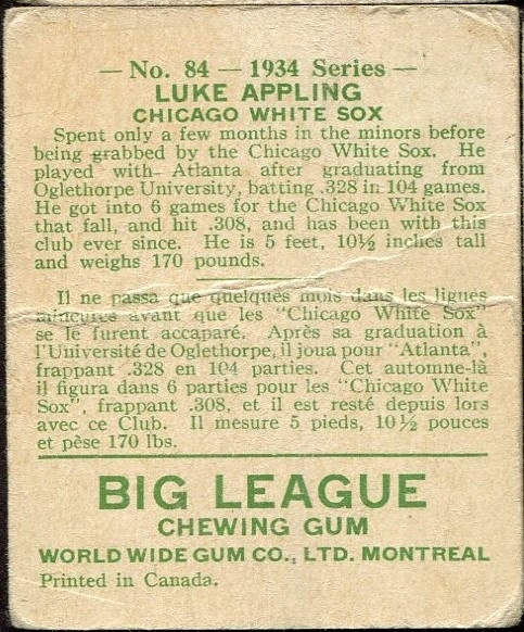 1934 WORLD WIDE GUM CO. #84 LUKE APPLING HALL OF FAME