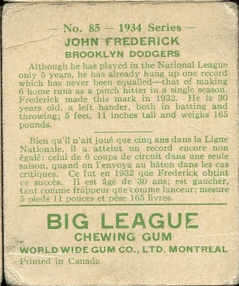 1934 WORLD WIDE GUM CO. #85 JOHN FREDERICK