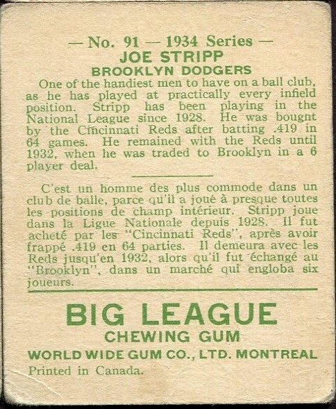 1934 WORLD WIDE GUM CO. #91 JOE STRIPP