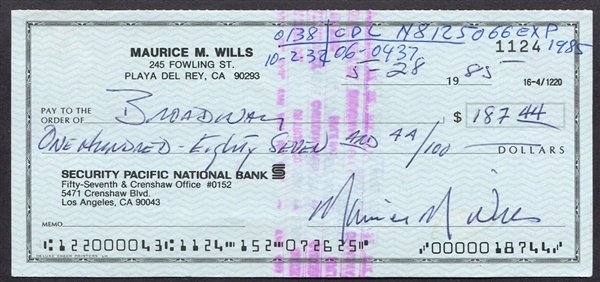 MAURY WILLS SIGNED PERSONAL CHECK