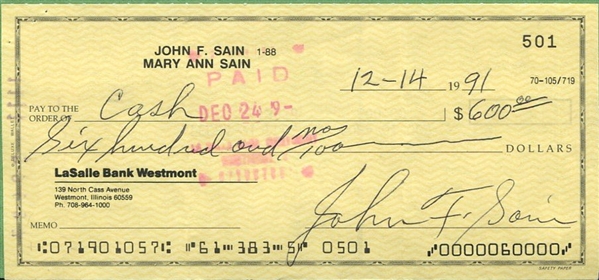 JOHNNY SAIN TWICE SIGNED PERSONAL CHECK
