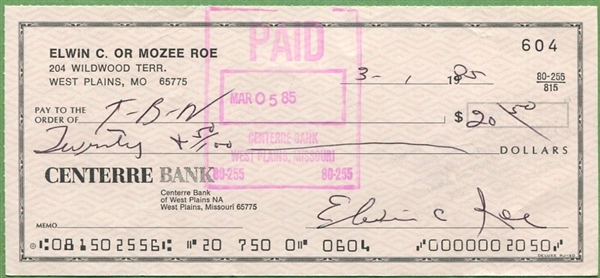 PREACHER ROE SIGNED PERSONAL CHECK