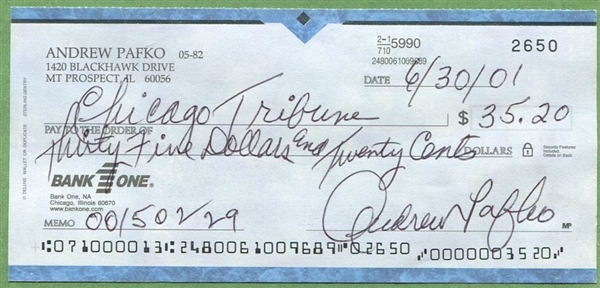 ANDY PAFKO SIGNED PERSONAL CHECK