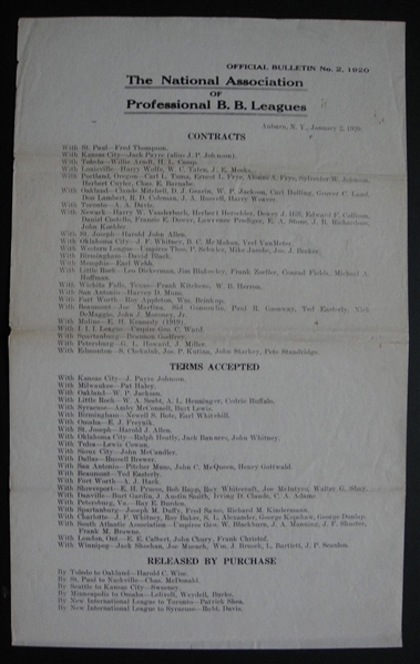 1920 NATIONAL ASSOCIATION OF PROFESSIONAL BASEBALL LEAGUES BULLETIN 