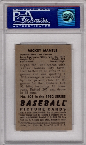 1952 BOWMAN #101 MICKEY MANTLE PSA 8