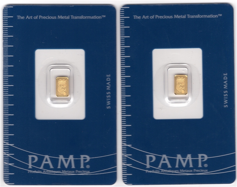 (2) PAMP SUISSE FORTUNA LADY .3g GOLD ASSAY CARDS