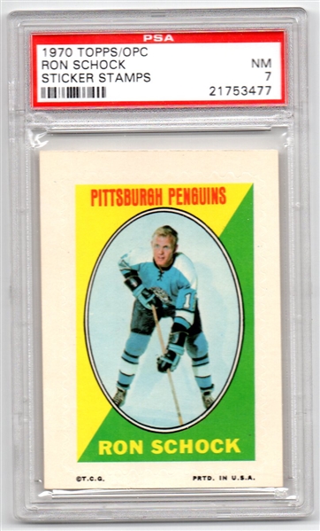 *-1970 Topps OPC Hockey Sticker Stamps Ron Schock PSA 7 Pittsburgh Penguins 