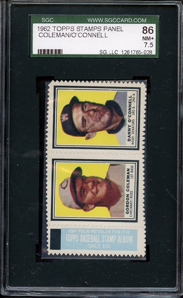 1962 TOPPS STAMPS PANEL COLEMAN/O'CONNELL SGC 7.5 POP 1/1