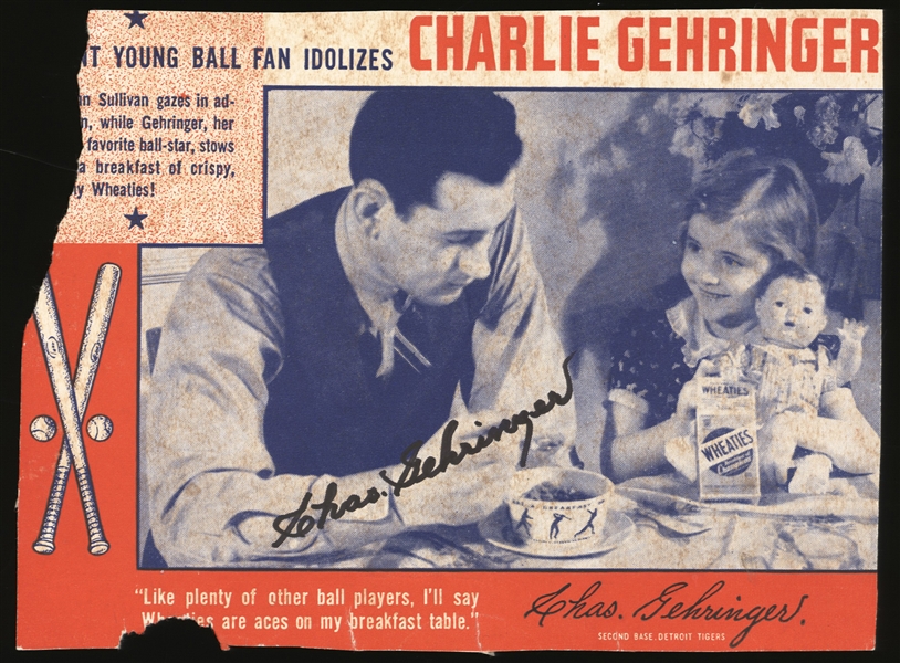 1938 WHEATIES PANEL SIGNED CHARLES GEHRINGER JSA COA